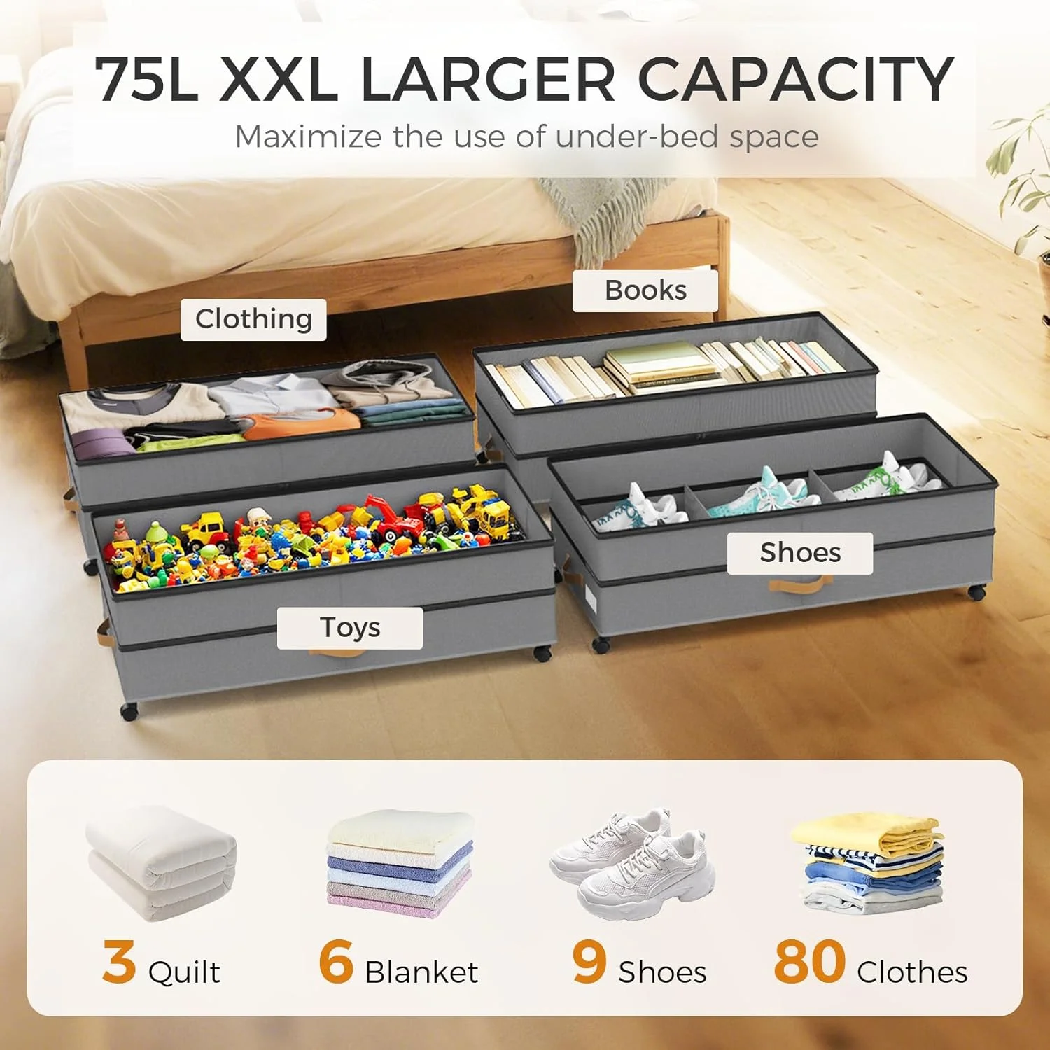 Under Bed Storage with Wheels 2-Pack, 75L XXL Under the Bed Storage Containers Large, 12 Tall Adjustable Storage for Underbed with Lids, Rolling for Shoes, Clothes, Blankets (Grey)