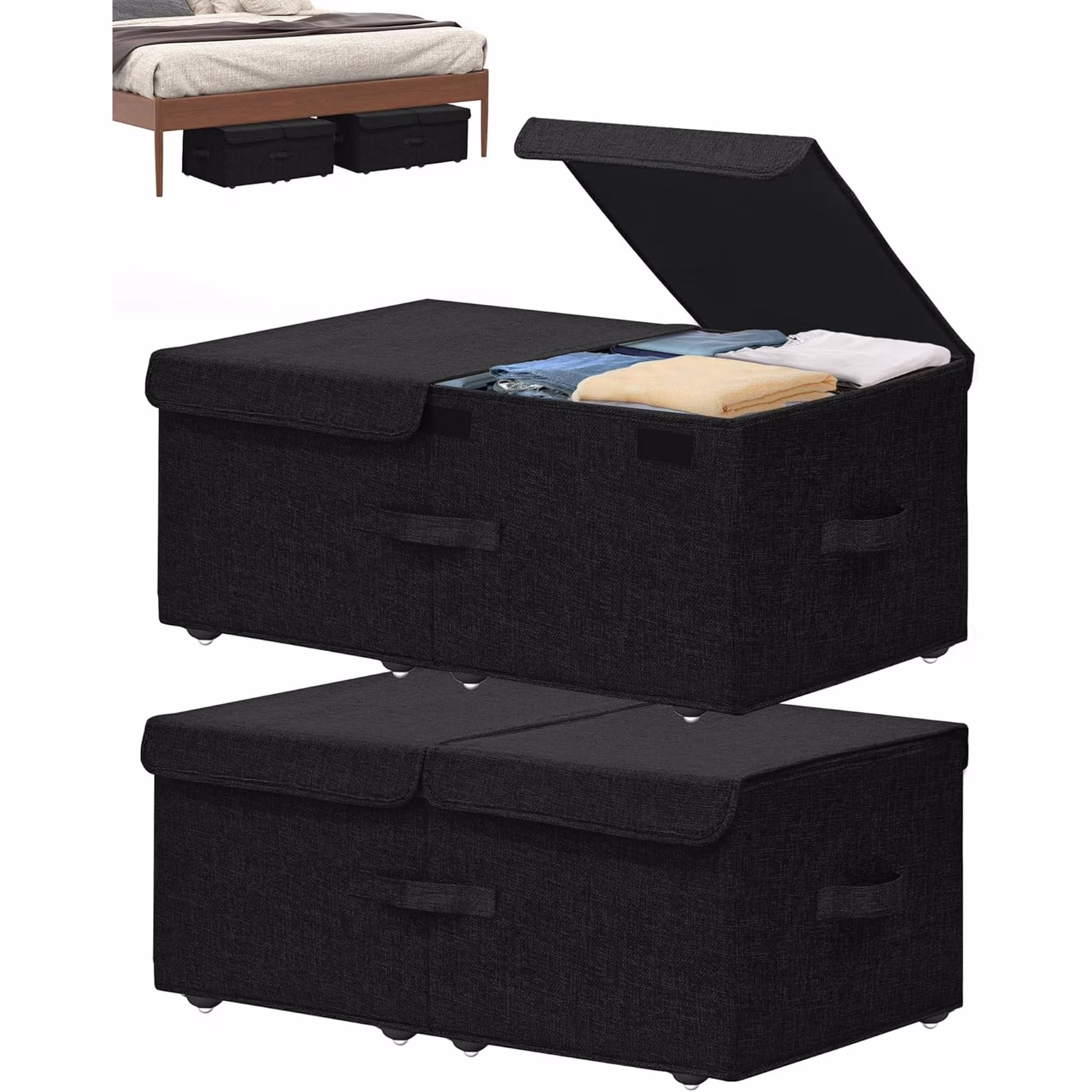Under Bed Storage Container with Wheels, 2 Pack 10 High Deep Underbed Rolling Box Storage Bins Drawers with Lids for Bedroom, Dorms, Clothes, Shoes, Blankets, No Assemble Required, Black