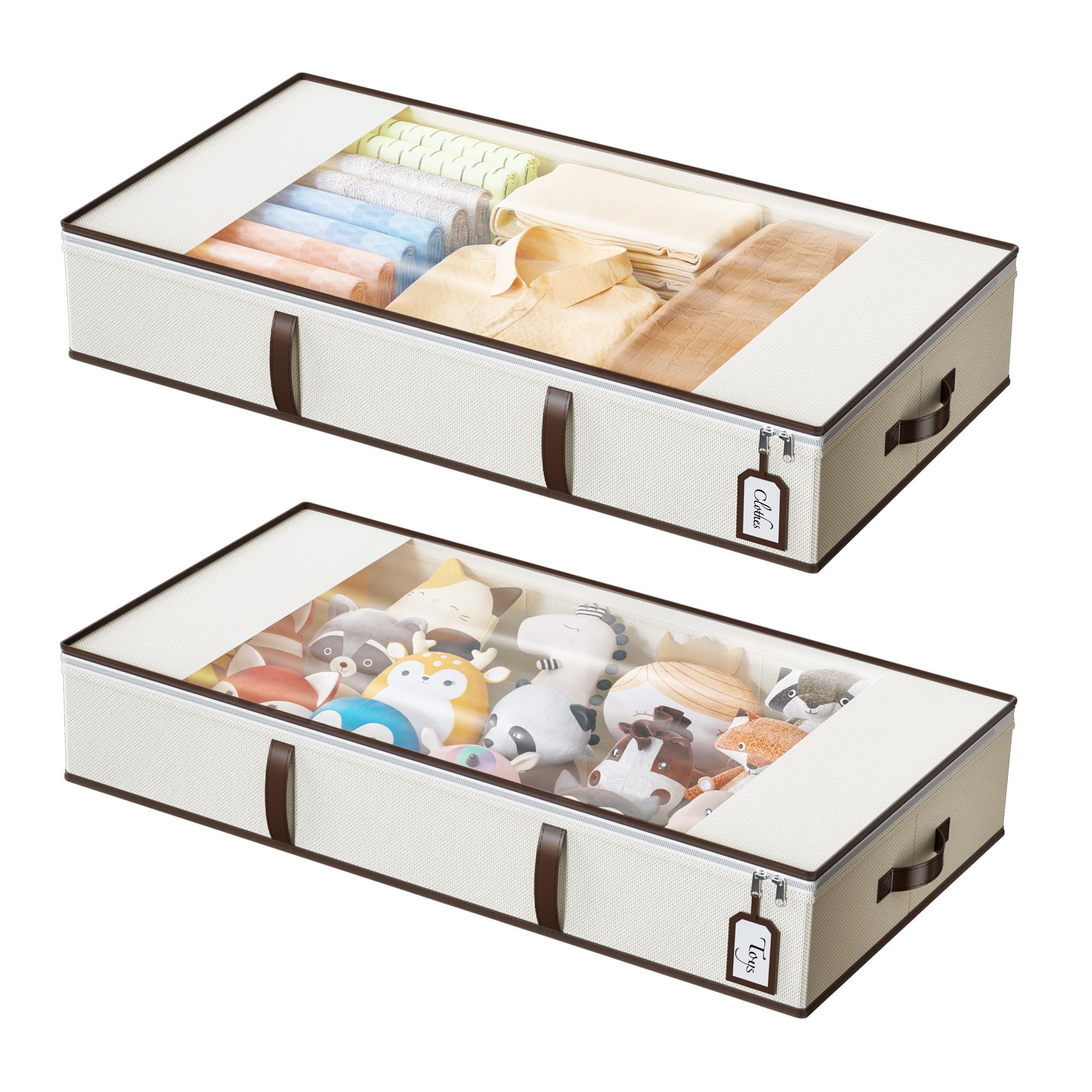 Foldable Under Bed Storage Boxes 54L 2 Pack, Clear View Clothes Organizer with PU Handles, Zippered Bags for Blankets Winter Wear Home Organization, Beige