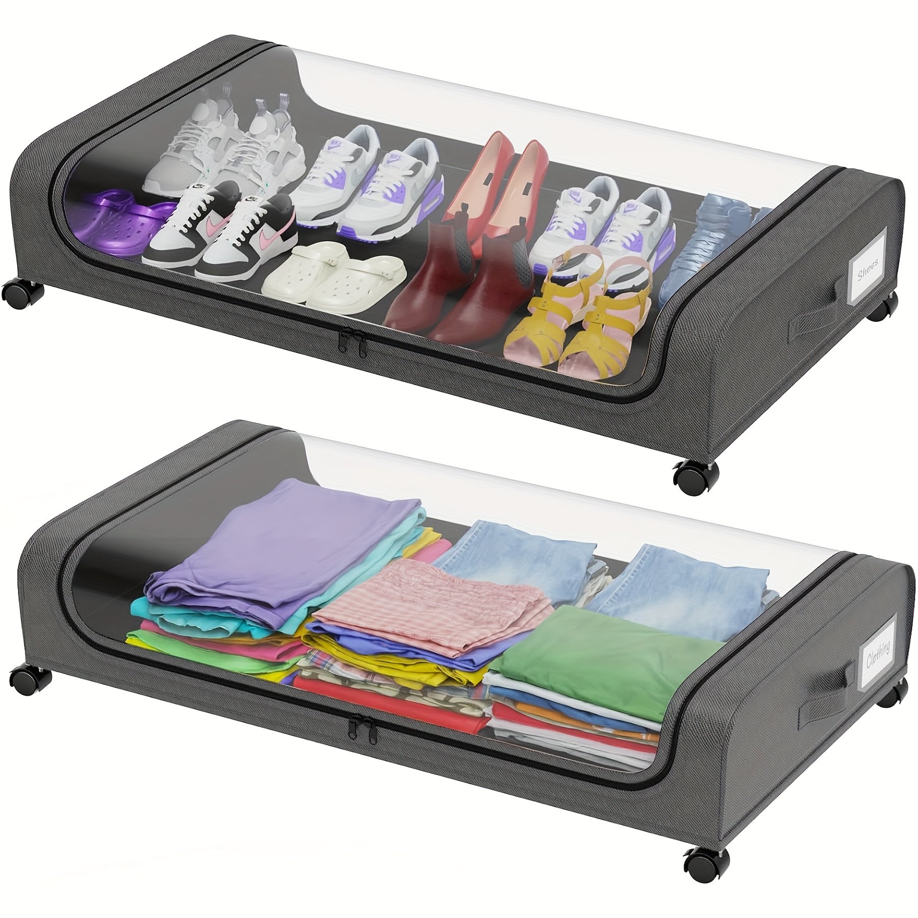 2-Pack XXL Underbed Storage Bins with Wheels, 17.17gal Rolling Organizer with Lid & Zippered Doors for Clothes Shoes Bedding, Fits Queen King Beds