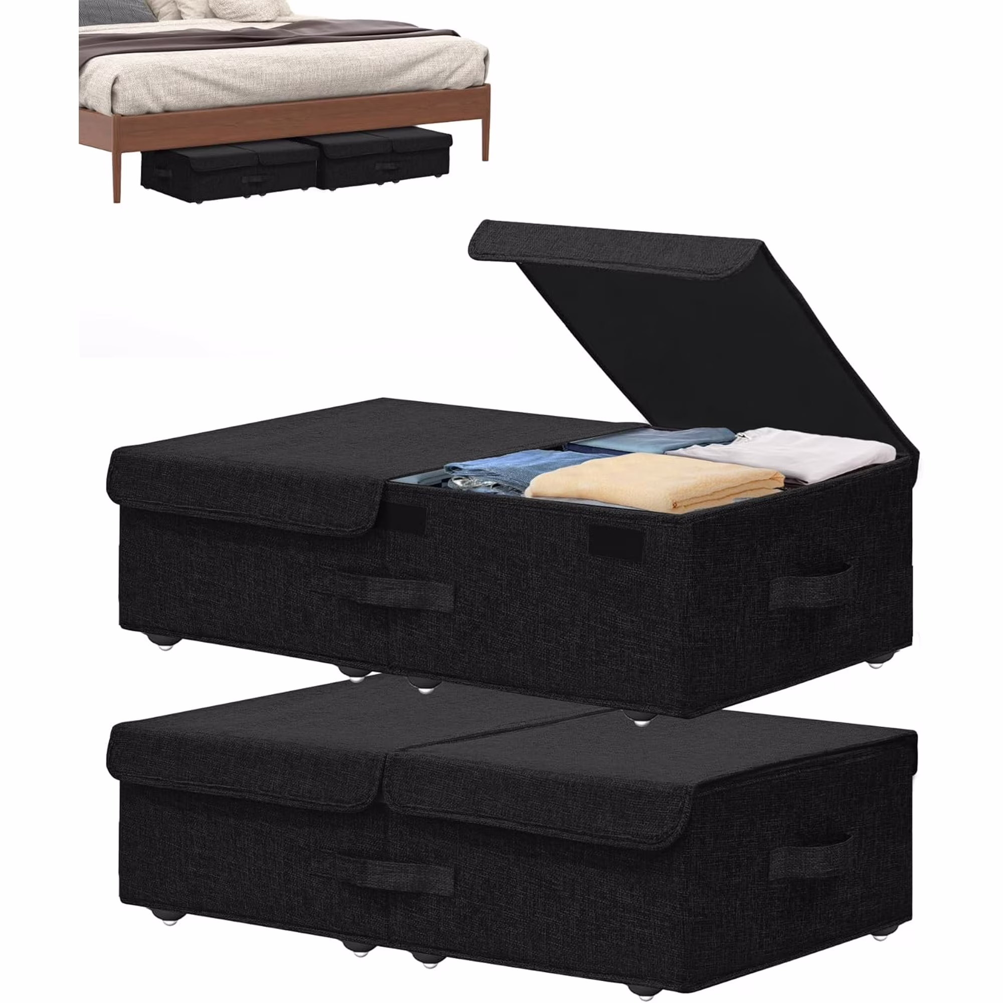 Under Bed Storage Container with Wheels, 2 Pack 5.5 High Deep Underbed Rolling Box Storage Bins Drawers with Lids for Bedroom, Dorms, Clothes, Shoes, Blankets, No Assemble Required, Black