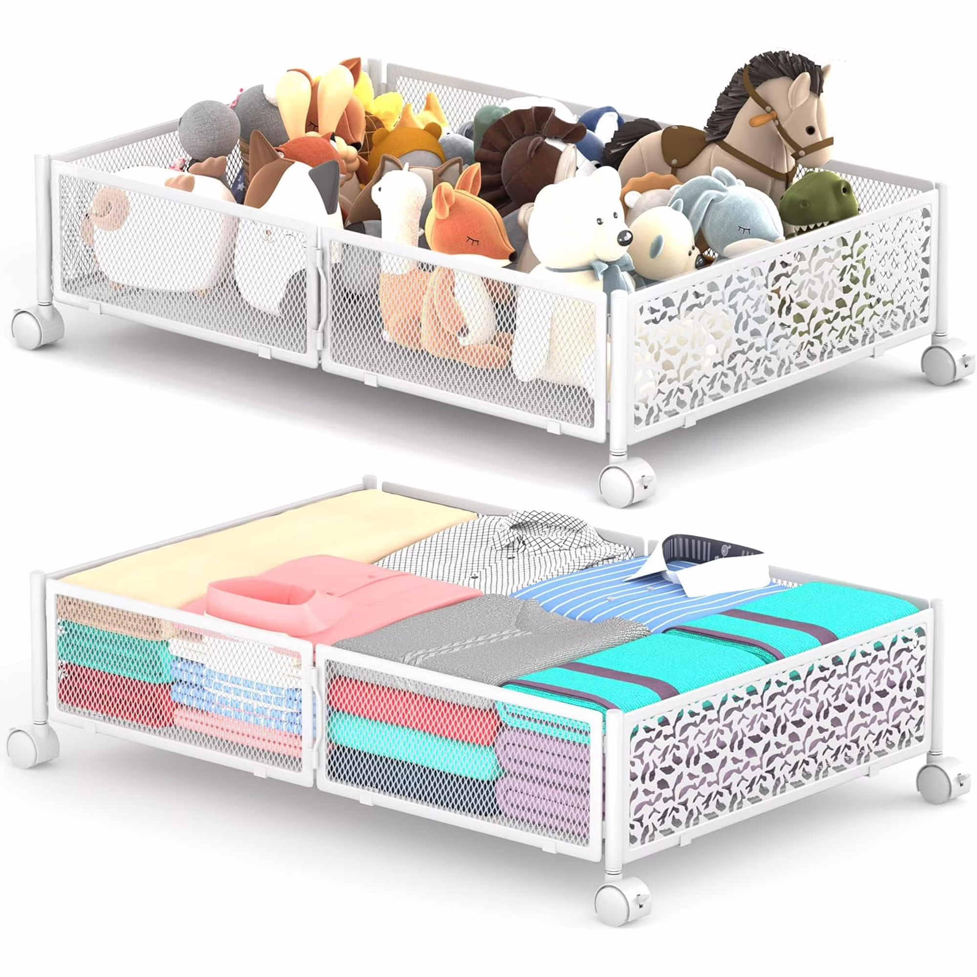 Under Bed Storage with Wheels, 2 Pack Foldable Metal Under Bed Storage Containers, 60L Rolling Underbed Storage, Easy Assembly Under The Bed Storage for Bedroom Clothes Shoes Blankets