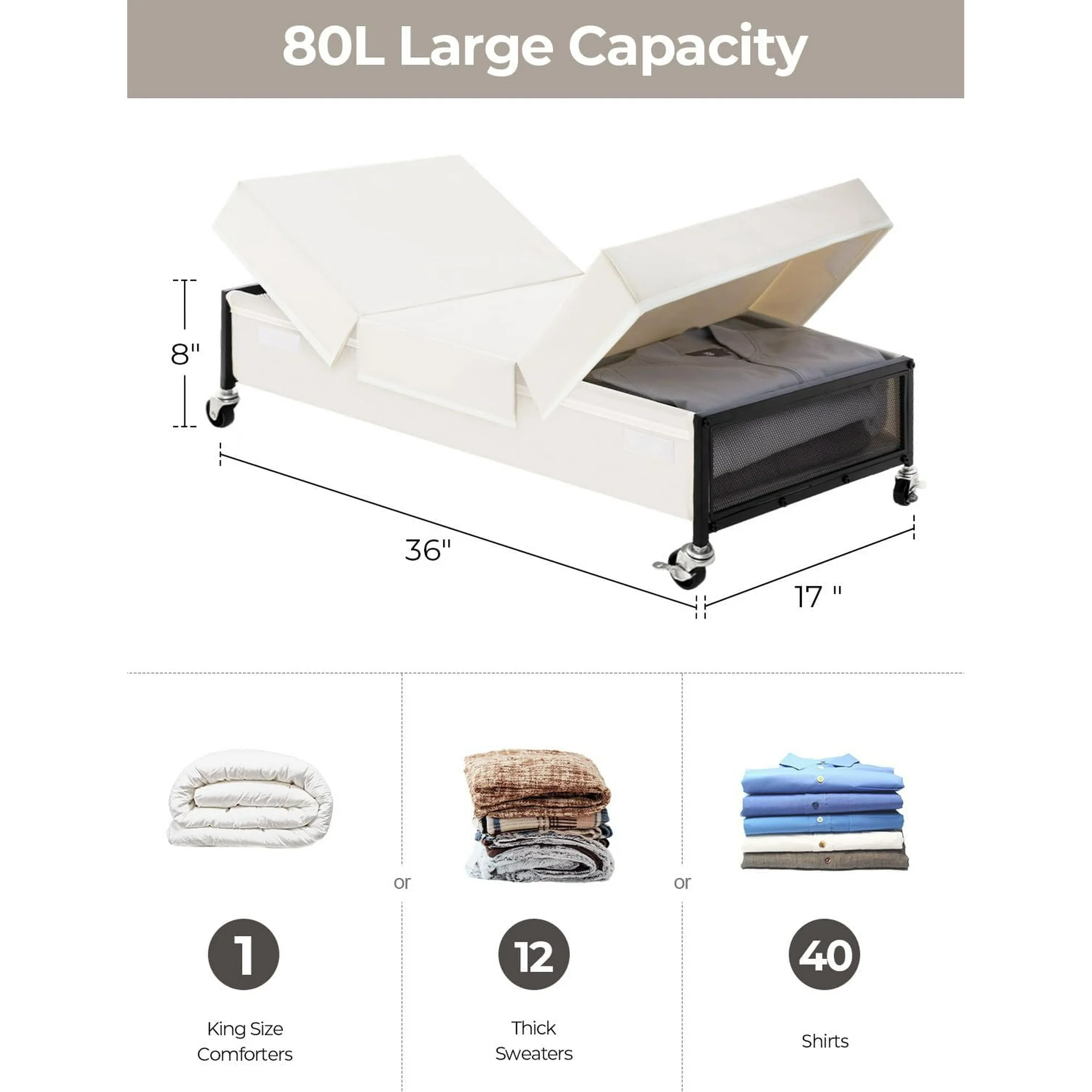 Under Bed Storage with Wheels, 2-Pack Metal Underbed Storage Containers with Lids, 80L Closet Organizer Bins for Clothes, Blankets, Sweaters