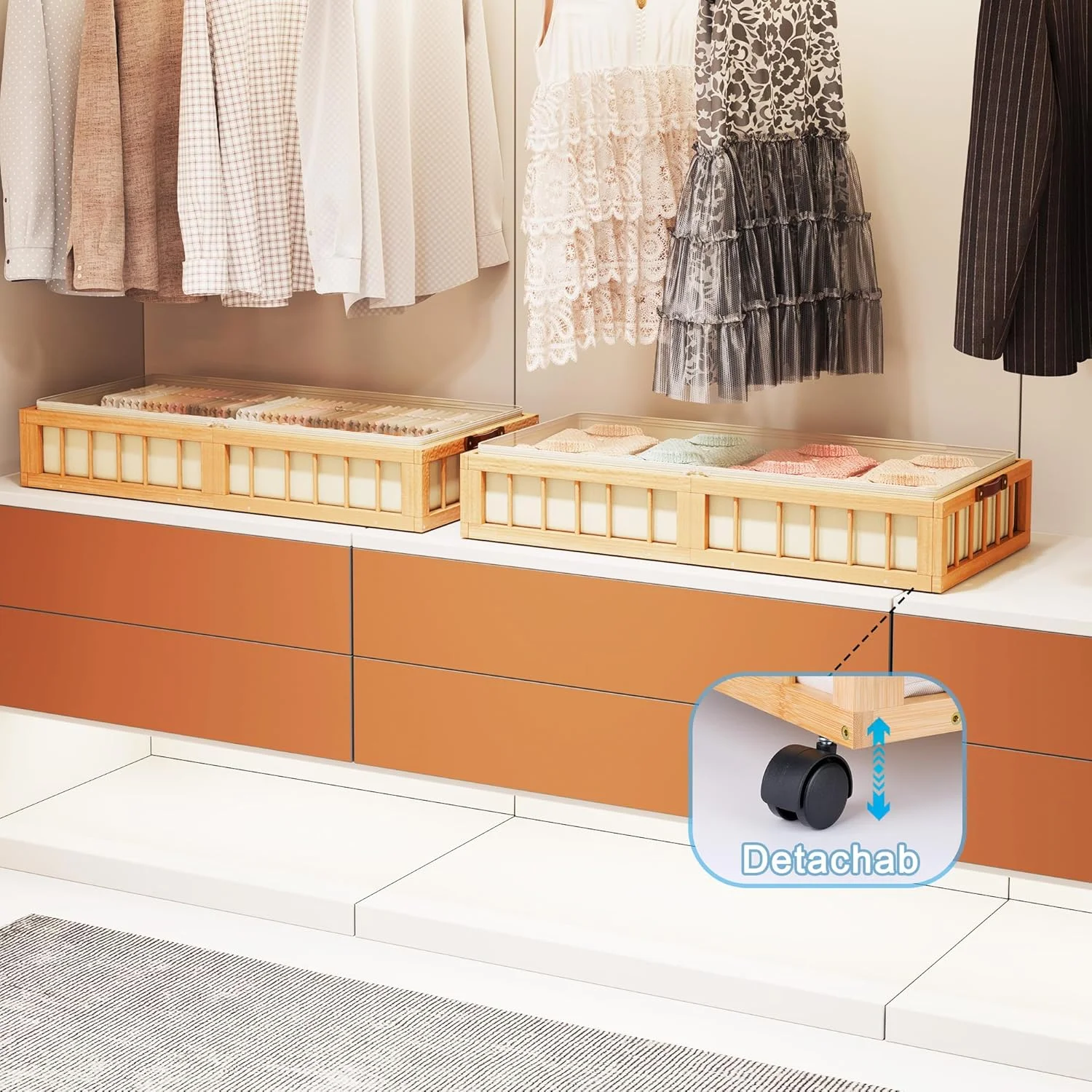 2-Pack Bamboo Under Bed Storage with Wheels, Rolling UnderBed Storage Basket with Large Dust Bag, Under Bed Storage Containers for Bedroom, Dorm and Basement, Nature