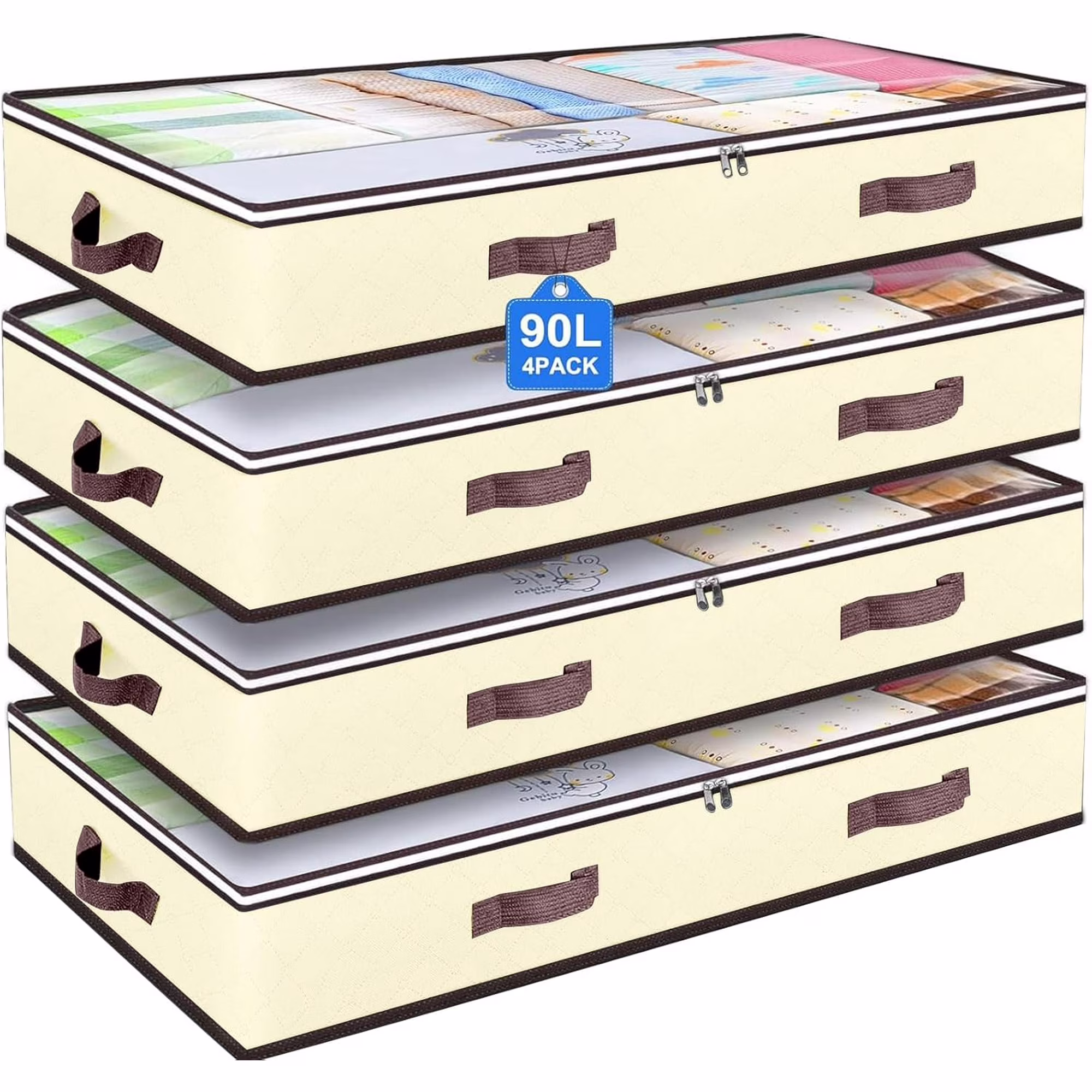 UM 90L Under Bed Storage Containers, Closet Organizers and Storage Bins, Foldable Underbed Storage Bags for Blankets, Towels, Comforter, Sweaters, Pillows, Linen Sheets, Wrapping Paper, 4 Pack Beige