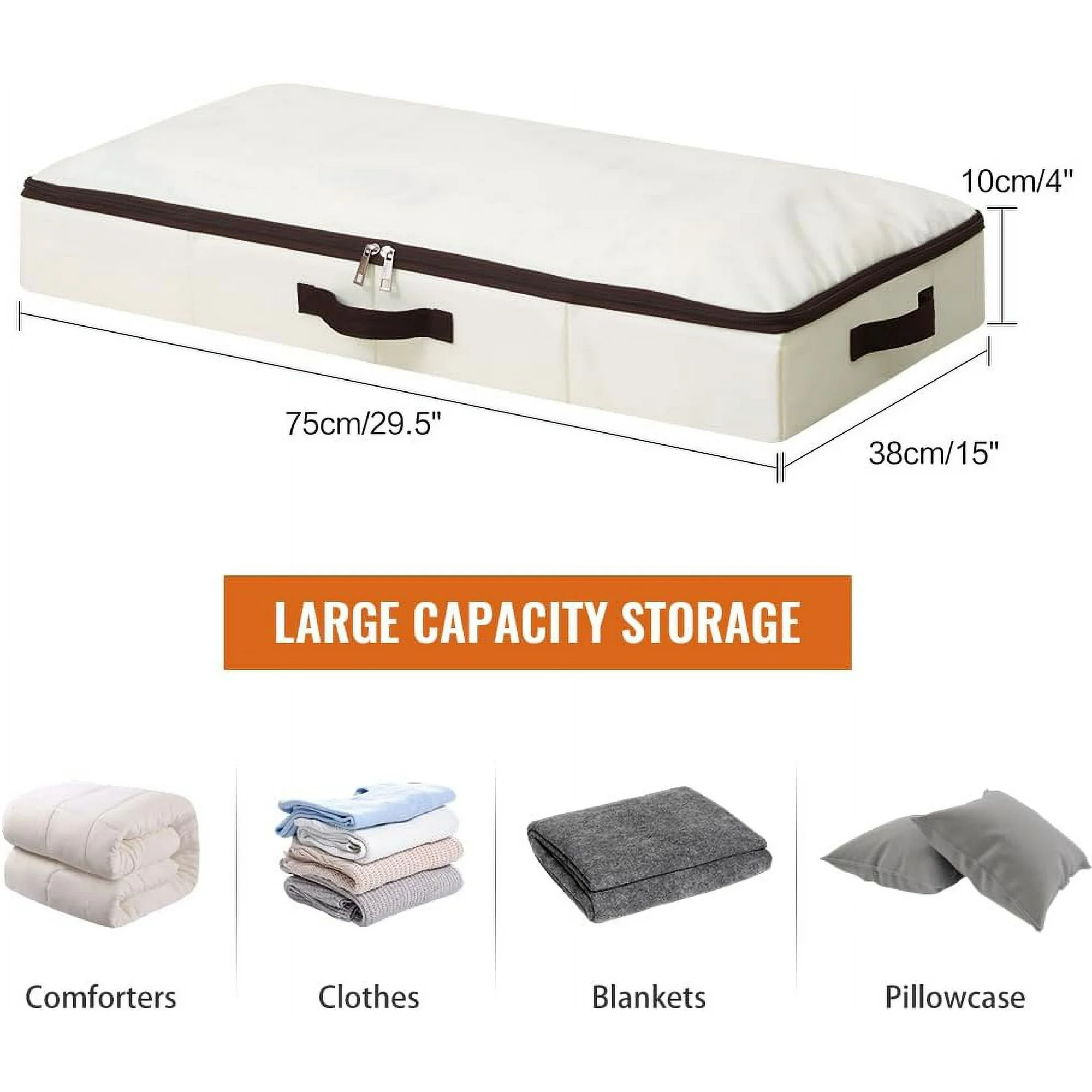 3 Pack 4inch Underbed Storage Bins, Under Bed Storage Containers with Zippers for Blanket, Pillows, Comforters & Quilts, Beige