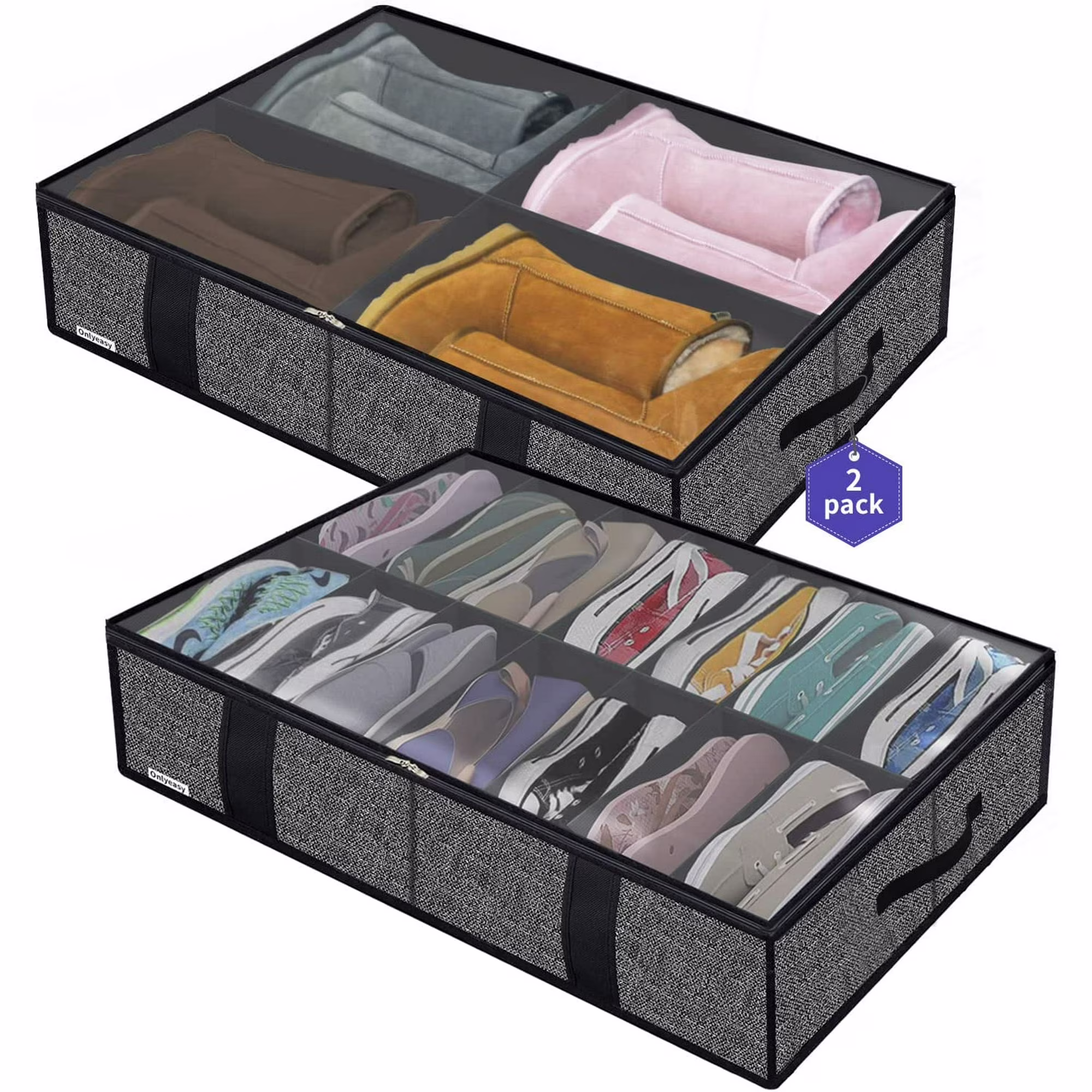 Under Bed Shoe Storage Organizer with Sturdy Handles and Clear Window  Premium Foldable Underbed Shoes Container Box for Closet, Linen-like Black