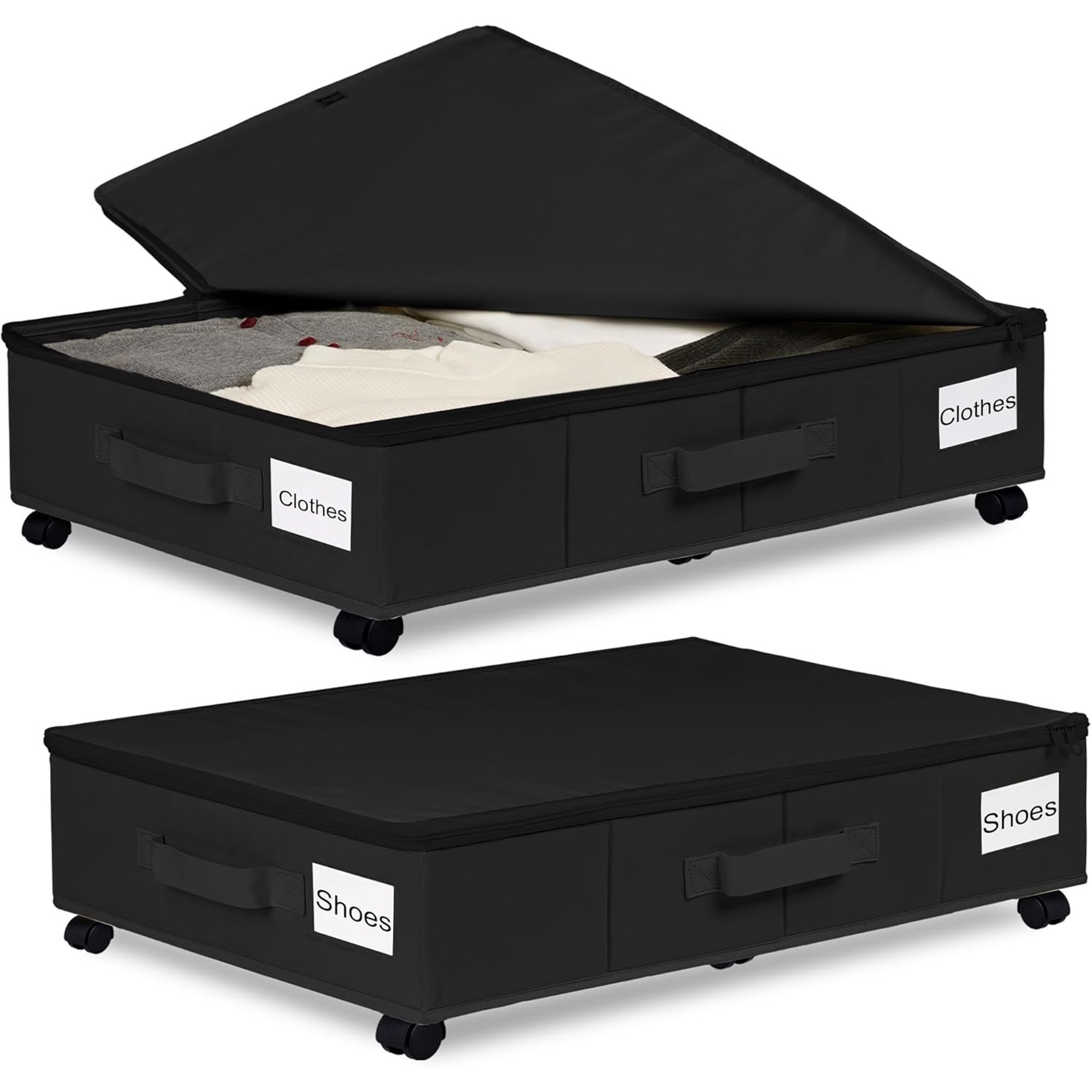 Under Bed Storage with Wheels, 2 Pack Under Bed Storage Containers with Label Holders for Clothes, Shoes and Blankets, Rolling Underbed Shoe Organizer with Cover, Black (30.71x15.7x7.28 in)