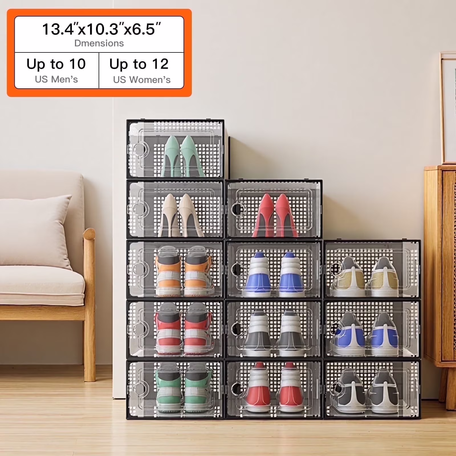 X-Large Organized Plastic Shoe Storage Box, Stackable Shoe Rack, Shoe Organizer, 12 Pack (Black)