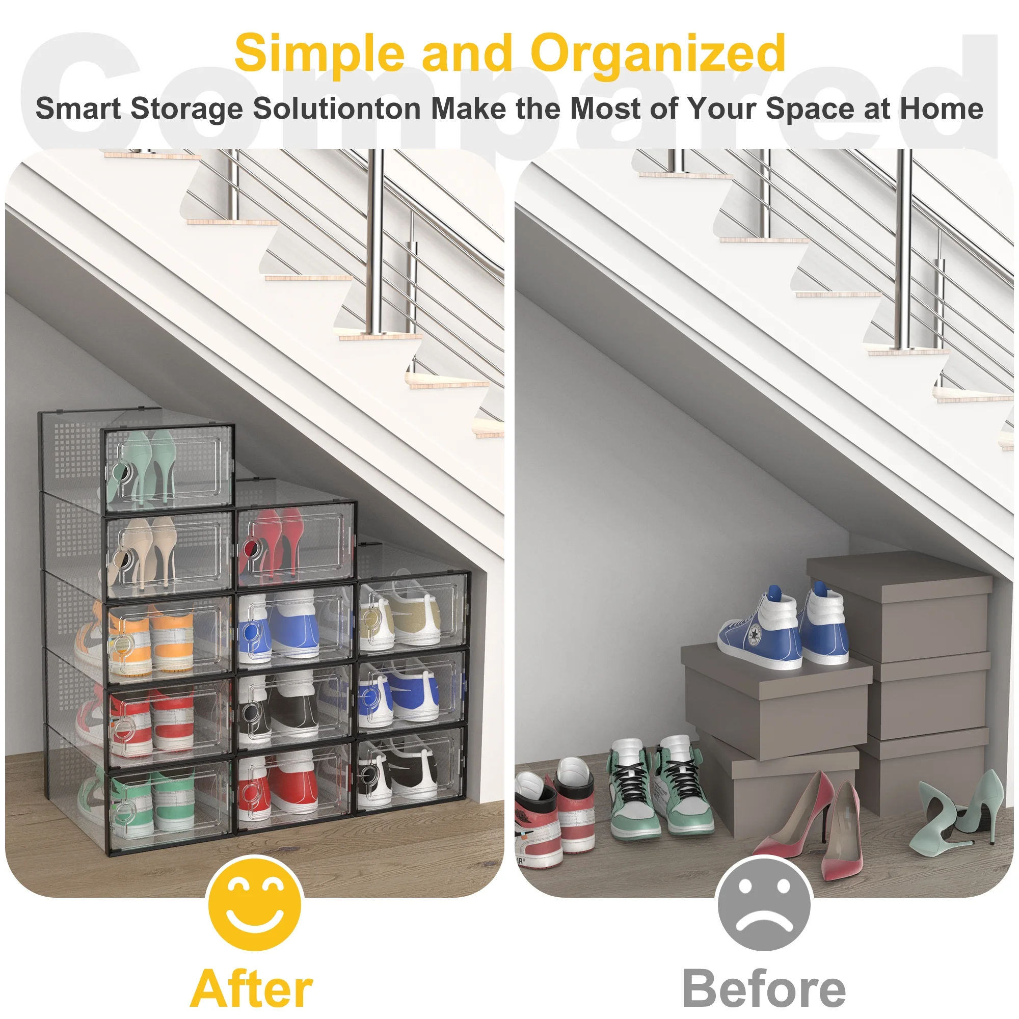 X-Large Organized Plastic Shoe Storage Box, Stackable Shoe Rack, Shoe Organizer, 12 Pack (Black)