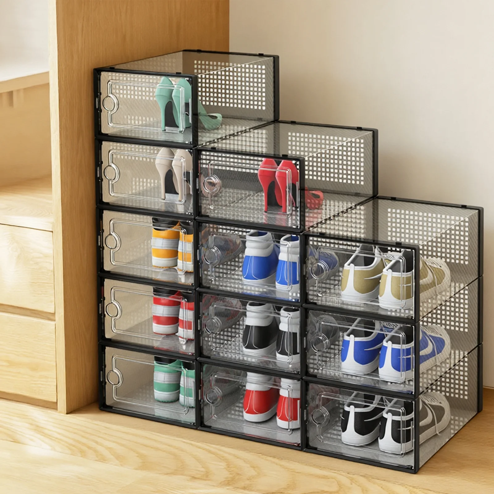 X-Large Organized Plastic Shoe Storage Box, Stackable Shoe Rack, Shoe Organizer, 12 Pack (Black)