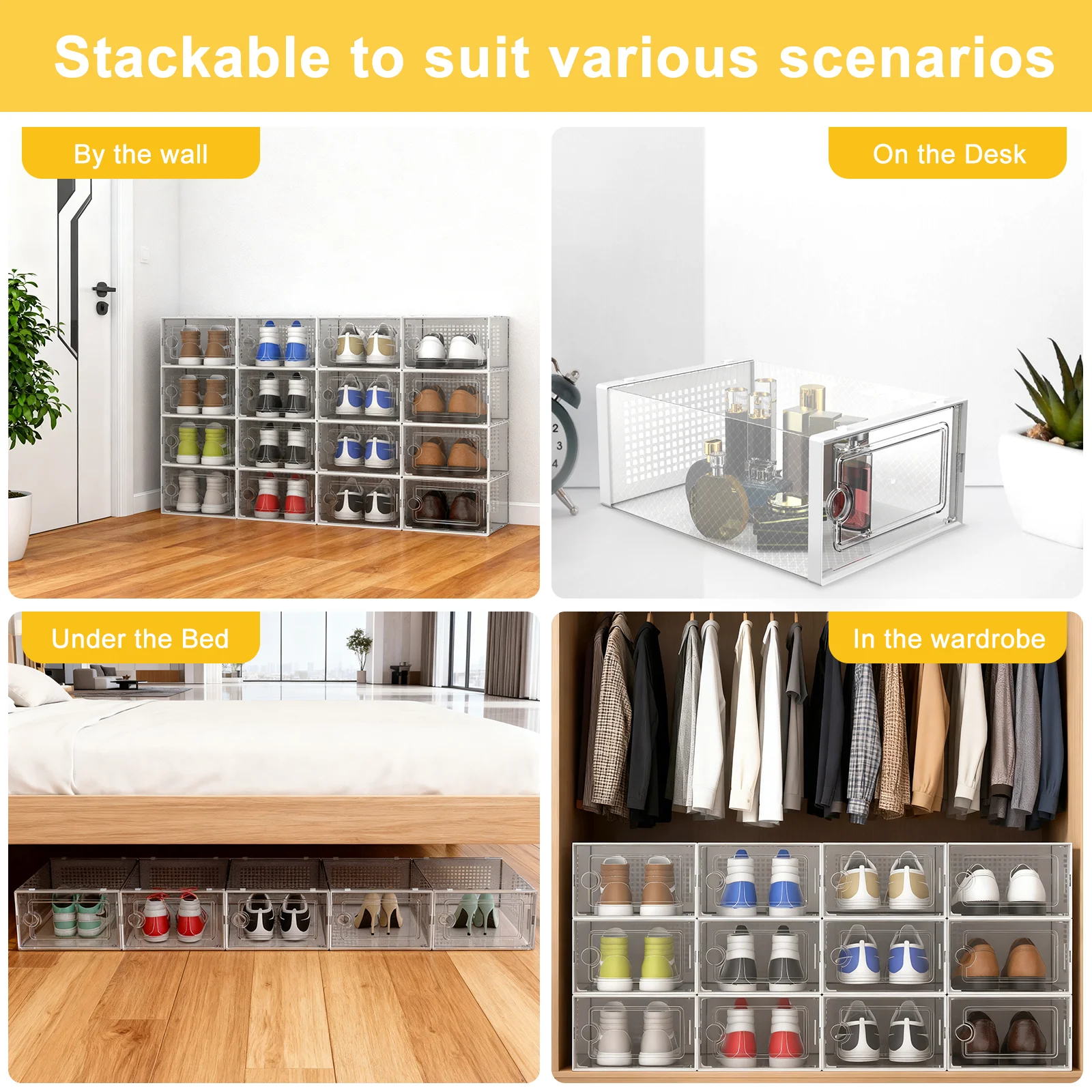 X-Large Organized Plastic Shoe Storage Box, Stackable Shoe Rack, Shoe Organizer, 12 Pack (Black)