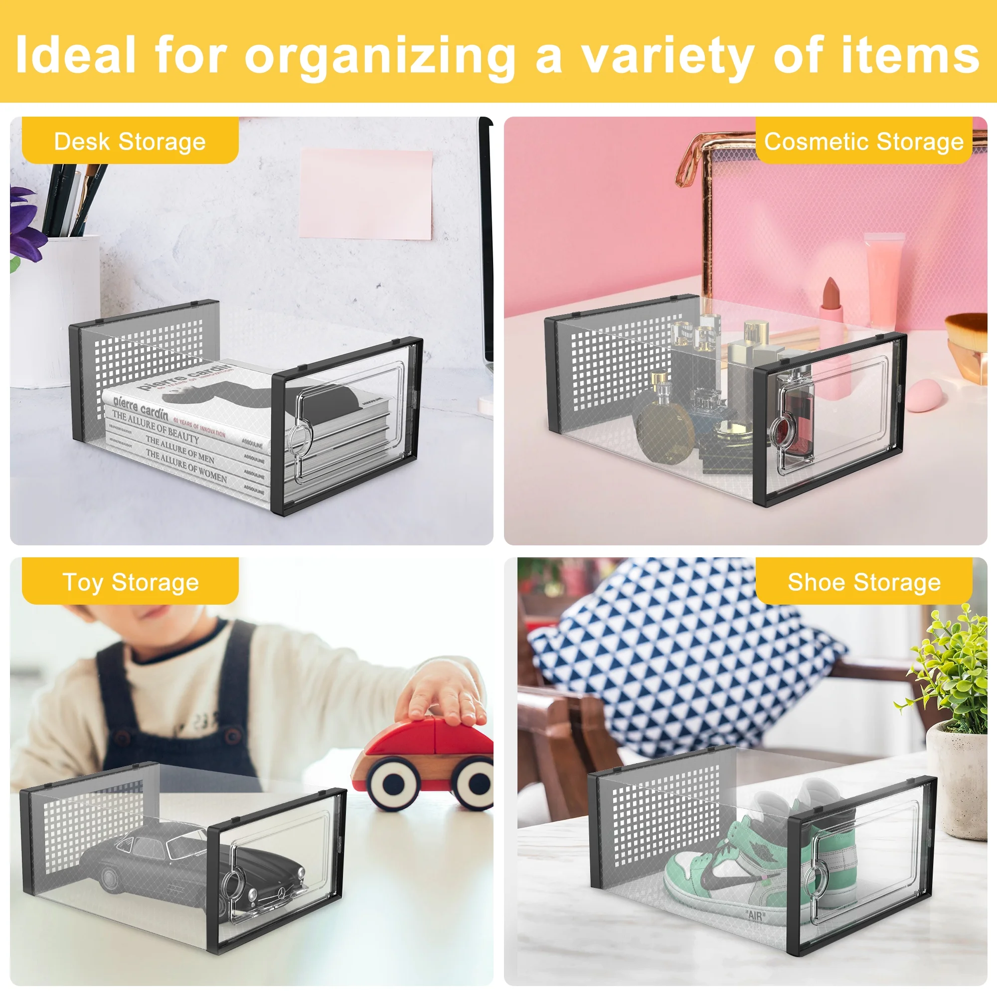 X-Large Organized Plastic Shoe Storage Box, Stackable Shoe Rack, Shoe Organizer, 12 Pack (Black)