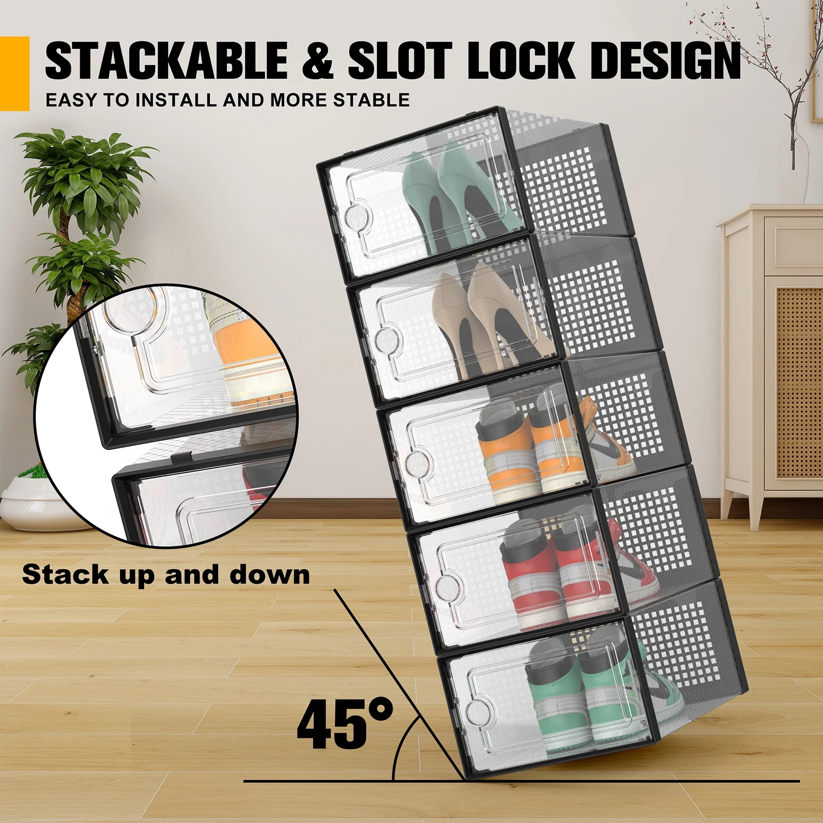 X-Large Organized Plastic Shoe Storage Box, Stackable Shoe Rack, Shoe Organizer, 12 Pack (Black)