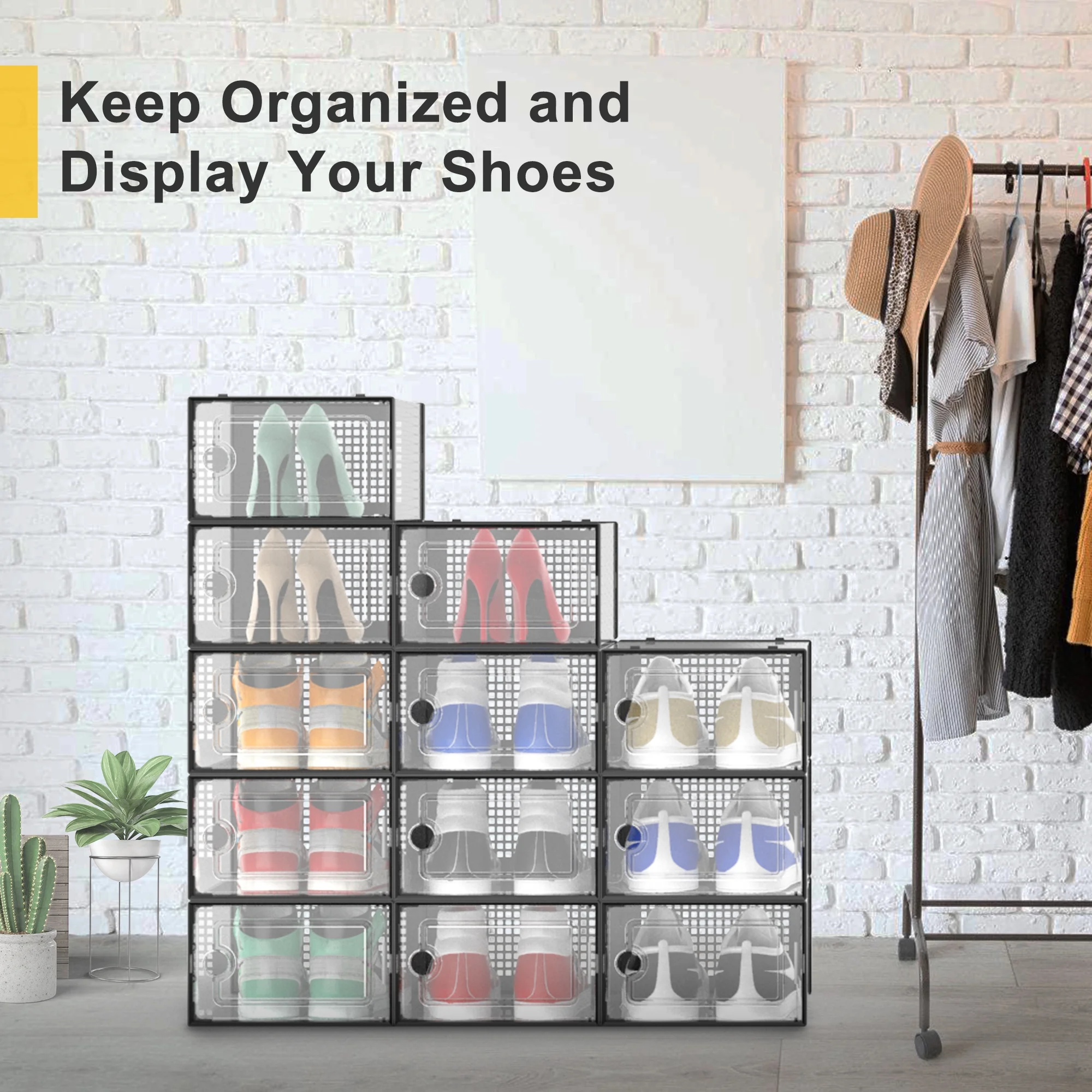 X-Large Organized Plastic Shoe Storage Box, Stackable Shoe Rack, Shoe Organizer, 12 Pack (Black)