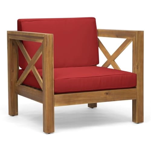 GDFStudio Outdoor Acacia Wood Club Chair with Cushion, Gray Finish and White