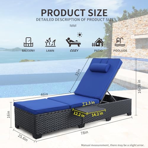 WAROOM Outdoor Chaise Lounge Chair PE Wicker Patio Furniture Set of 2 Black Rattan Pool Lounge Chairs Adjustable Backrest Recliners with Royal Blue Cushion