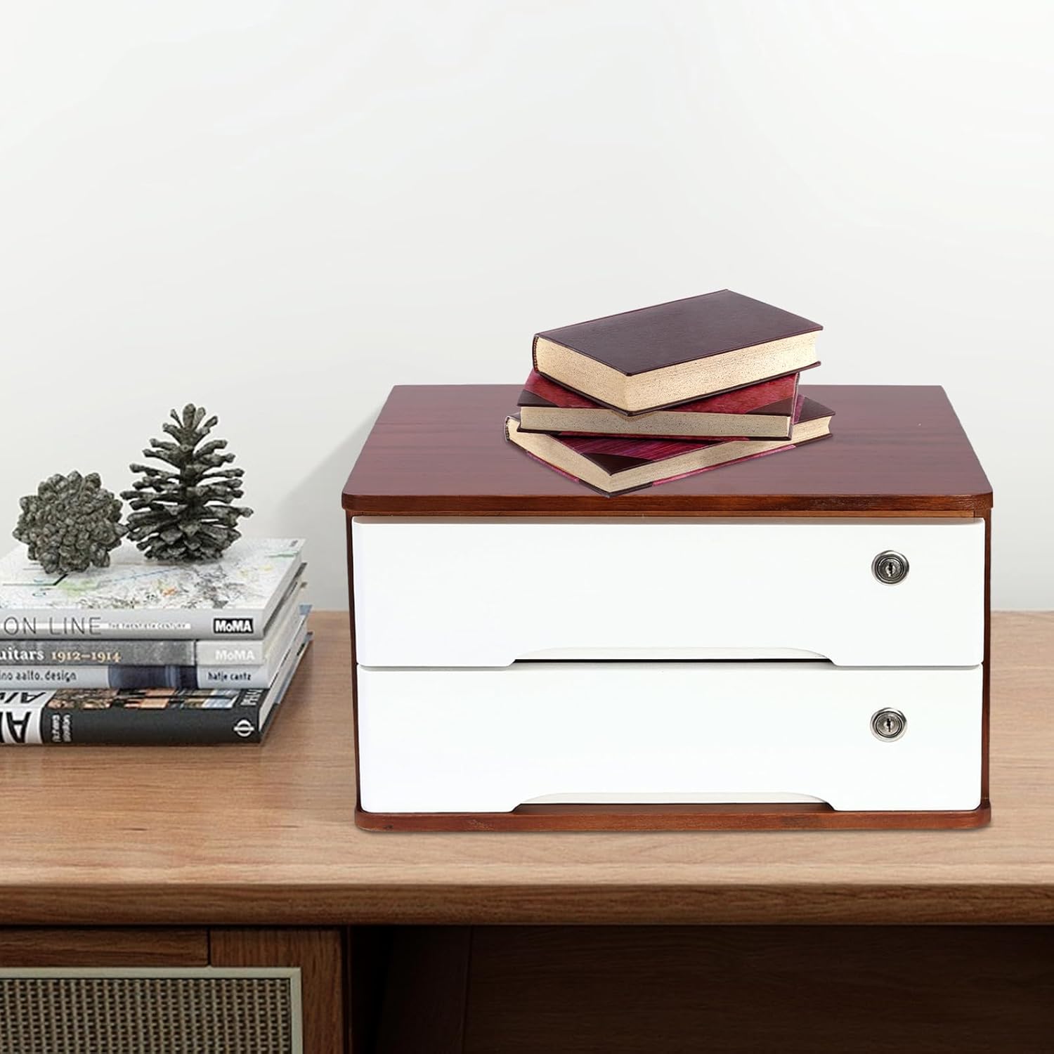 2-Tiers Wooden Desktop Storage Box with Lockable Drawers, Office Supplies File Organizer, Flat File Cabinet Store Stamps, Sticky Notes, Paper Clips, Scissors, for Office, Walnut&White Color