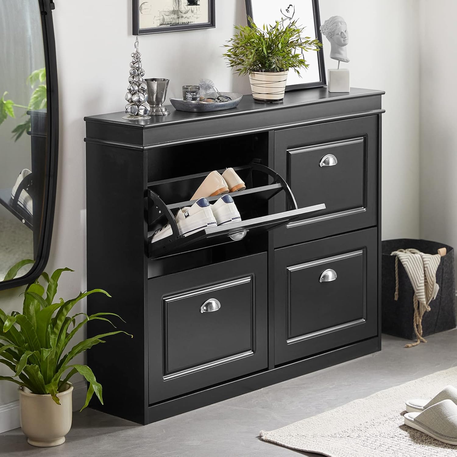 Haotian Black Flip-Drawer Shoe Cabinet Set, FSR94-SCH+FSR79-SCH