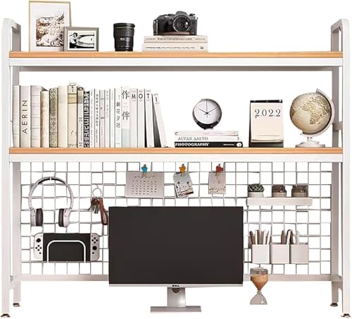 2-tier Wooden Desktop Bookshelf desktop Bookcase Book Organizer Rack For Computer Desk, Multipurpose Display Rack,countertop Storage Hutch Office Supplies Ac(Size:95x20x98cm(37x8x39inch),Color:White)