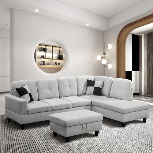 3-Piece L Shape Sectional Sofa with Left Chaise, Storage Ottoman and Button Tufted Backrest, Modern Flannel Living Room Couch Set for Office, Apartment, Off White