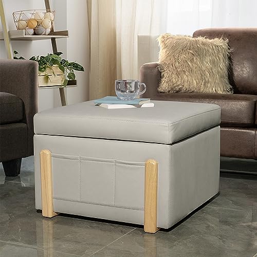 Ottoman Coffee Table - Large Square Ottoman with Storage for Living Room Bedroom， Faux Leather Ottomans Foot Rest Stool with L Shaped Wooden Legs and Lift Top Feature, Cadet Blue
