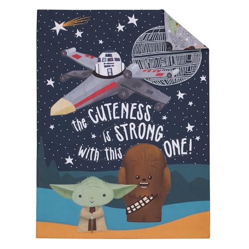 Star Wars Welcome to The Galaxy Navy and Gray Yoda, R2-D2, Chewbacca, and Princess Leia 4 Piece Toddler Bed Set - Comforter, Fitted Bottom Sheet, Flat Top Sheet, and Reversible Pillowcase