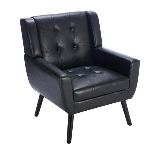 Dolonm Midcentury Modern Velvet Accent Chair with Arms, Upholstered Reading Side Chair Tufted Back Decorative Wingback Chair for Living Room Bedroom (Blue - Velvet)