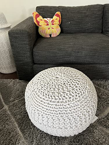 Home - 100% Handmade & Handcrafted Premium Cotton Round Knitted Cable Style Pouf Foot Stool Ottoman Bean Bag Chair - Small Furniture - Sage, 17x17x14 (S119)