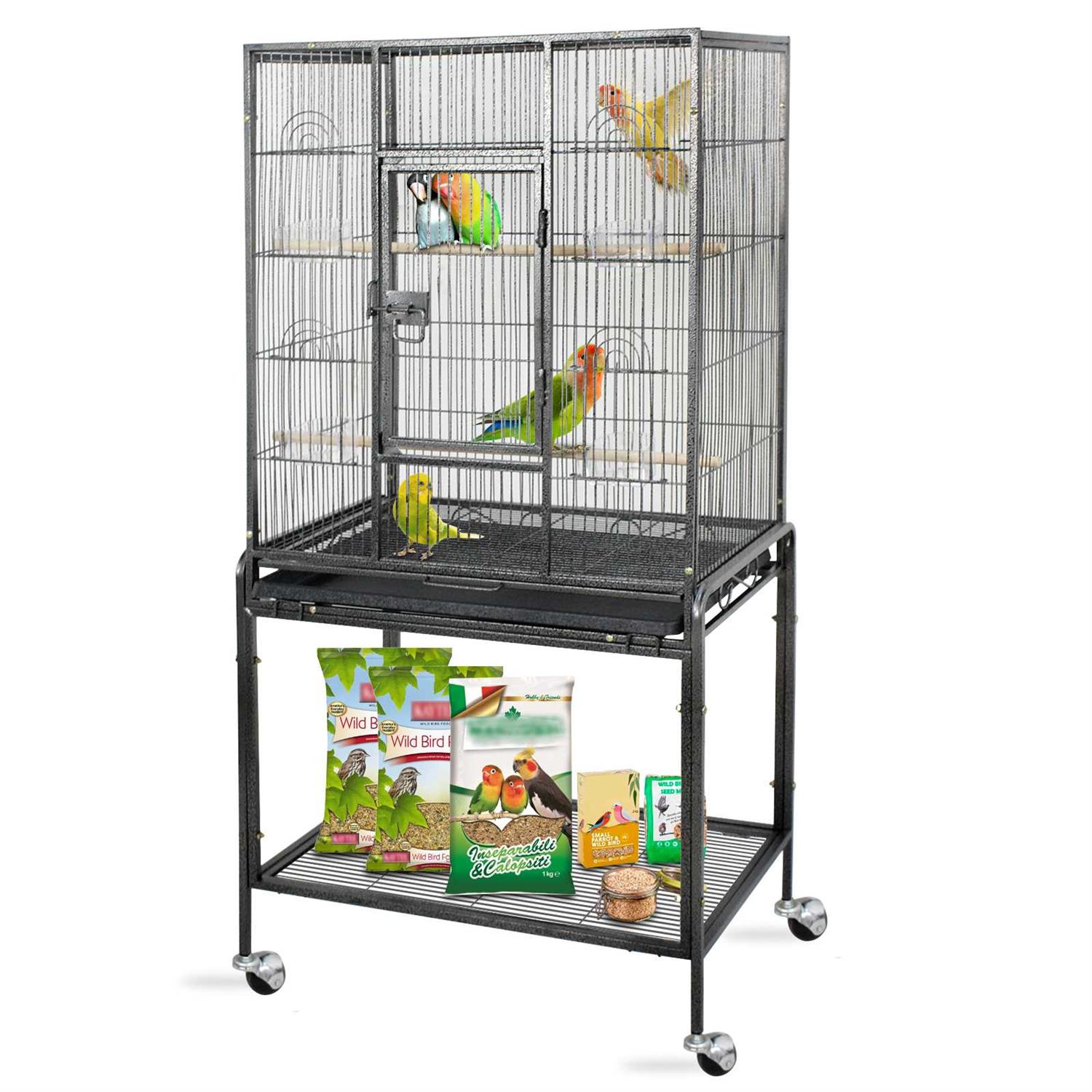 Zeny 53 inch Rolling Bird Cage Large Wrought Iron Cage Lovebird House with Rolling Stand, Black, Size: Medium - Pet Supplies online store