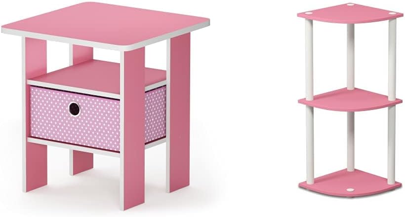 Furinno Andrey End Table with Bin Drawer, Pink/Light Pink 3-Tier Round Tube Corner Display Rack, Pink/White