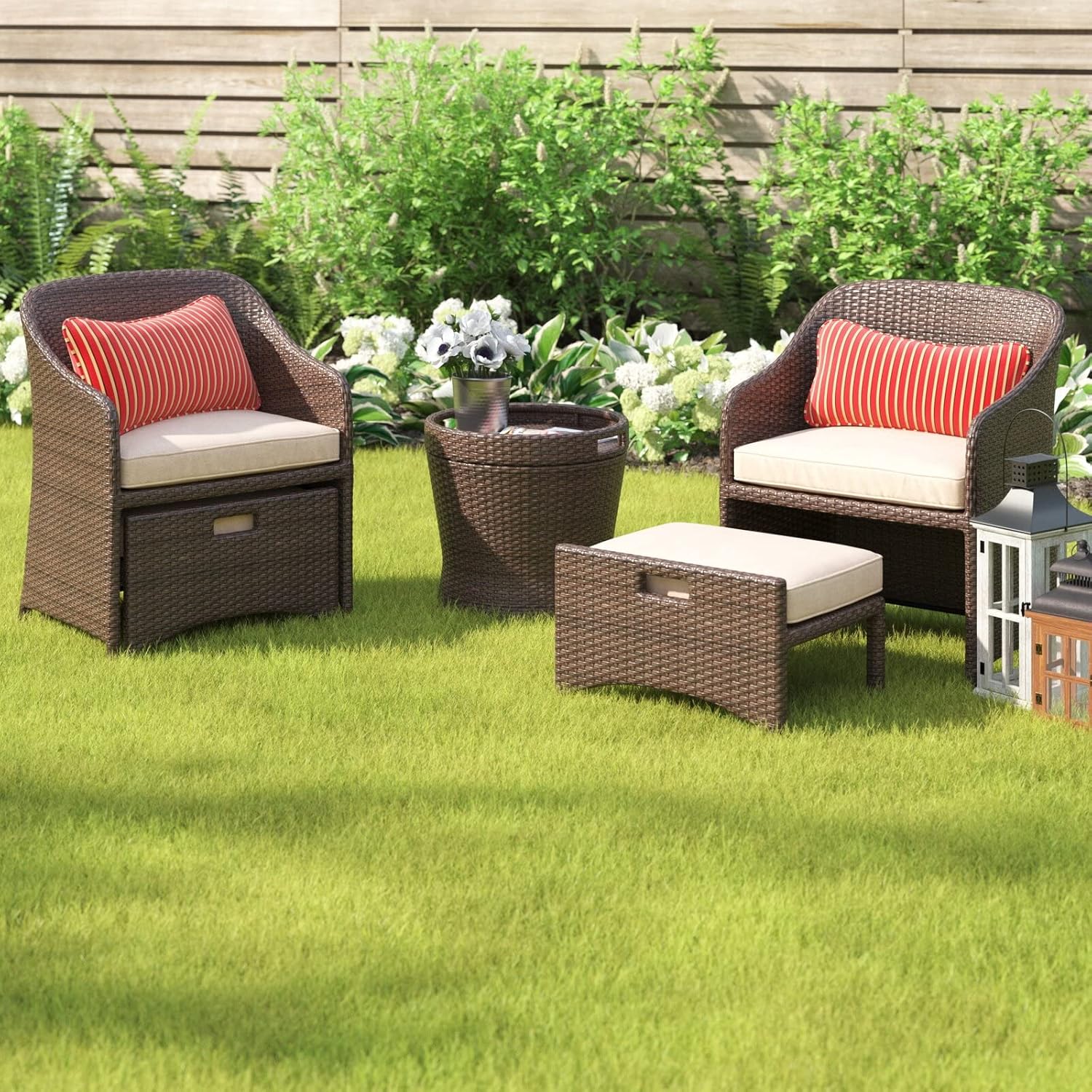 Barton 5 Piece Bistro Sofa Set w/Cushions 2 Chairs 2 Ottomans Multipurpose Outdoor Patio Wicker Rattan Furniture Space Saving