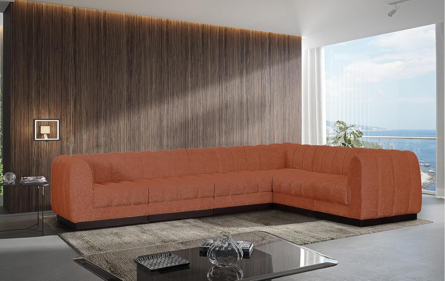 Meridian Furniture Quinn Collection Modern | Contemporary Modular Sectional with Soft Chenille Cross Hatched Fabric, Solid Wood Espresso Base, 133