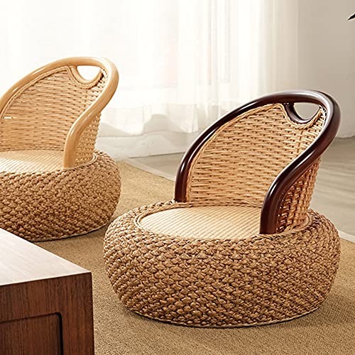 Round Rattan Floor Chair with Ergonomic Backrest Floor Lazy Chair Tatami Floor Seat Floor Meditation Chair Floor Seat Futon for Home and Office Decoration (Light Brown)