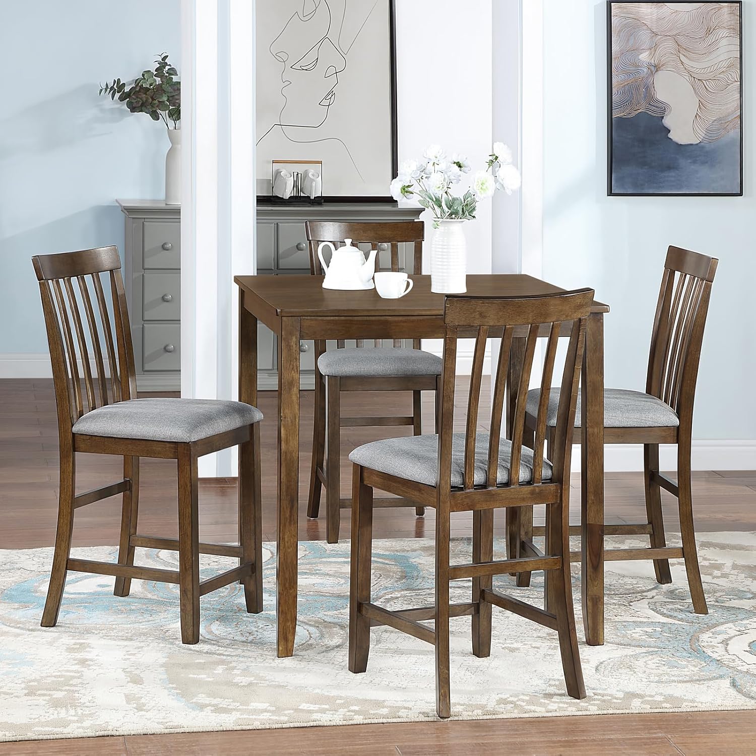 5 Piece Counter Height Dining Table Set for 4, Farmhouse Kitchen Table Set with 4 Vertical Back Upholsterd Chair, Space Saving High Top Table and Chairs for Dining Room, Kitchen, Pub (Walnut)