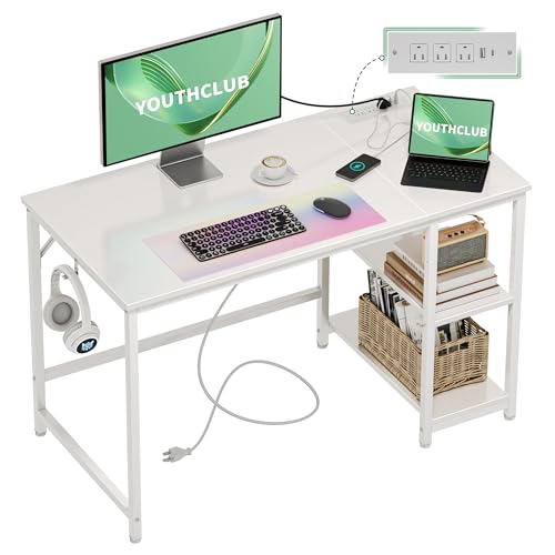 Computer Desk, 48 inches Desk with 2 Shelves, Home Office Desk with USB/Type-C Charging Ports & Power Outlets, Study Table for Adults, White