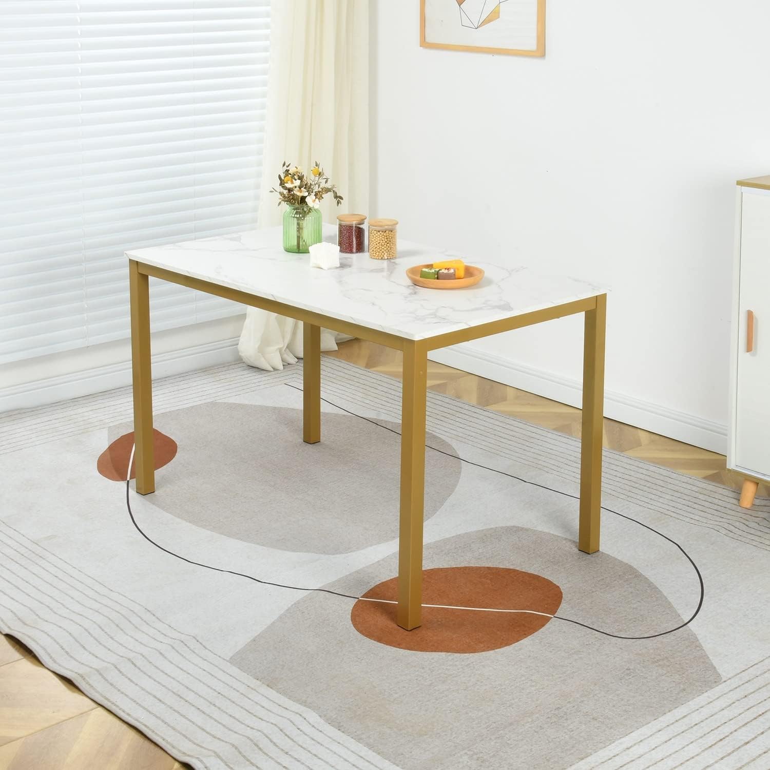 Overstock Homylin Gold Metal Dining Table with White Marble Top 55.1''W x 31.4''D - Black