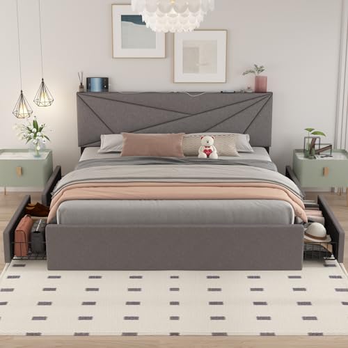 Queen Size Bed Frame with 4 Drawers and Adjustable Headboard,Upholstered Platform Bed with Type-C & USB Port Charging Station,Sturdy Construction, Easy Assembly,No Box Spring Needed,Beige