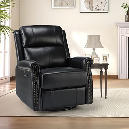 HULALA HOME Genuine Leather Power Recliner Chairs Set of 2 with USB Port, Modern Electric Swivel Rocker Glider Recliners with Nailhead Trim & Metal Base- for Bedroom Living Room Home Theater, Beige