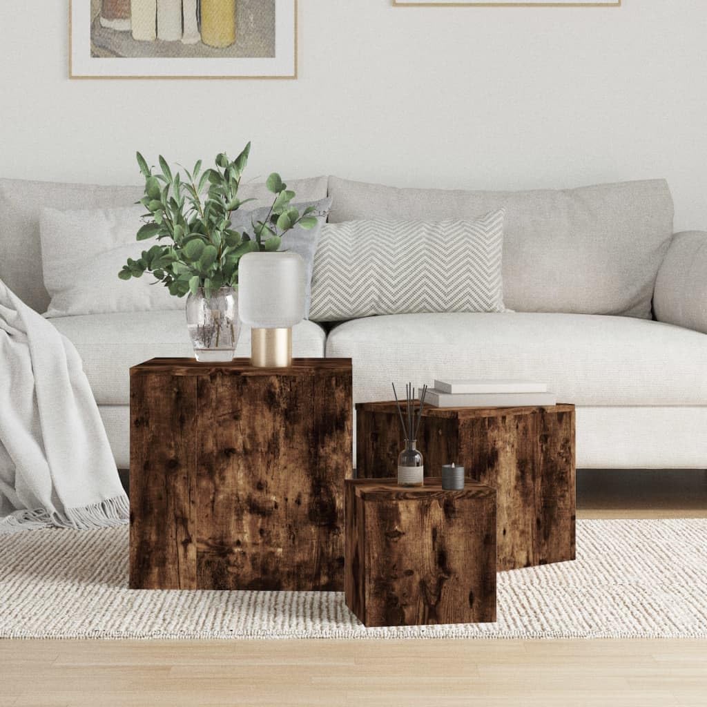 Side Tables 3 pcs Smoked Oak Engineered Wood, Entertainment Center Outdoor Table Sofa Table Narrow Side Table Suitable for Living Room Foyer Bedroom Office