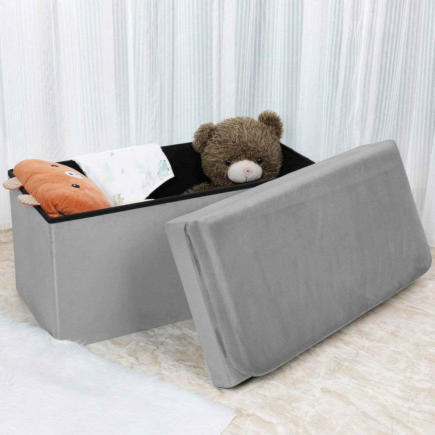 B FSOBEIIALEO Velvet Storage Ottoman with Seat Back, Folding Chair for Living Room, Room Organizer Storage Cubes, Toy Chest Storage Box Grey