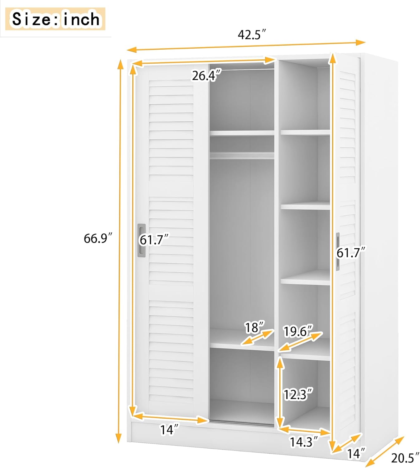 3 Doors Wardrobe Armoire Closet with Storage Shelves and Hanging Rail, Wood Shutter Bedroom Clothes Cabinet Organizer, White
