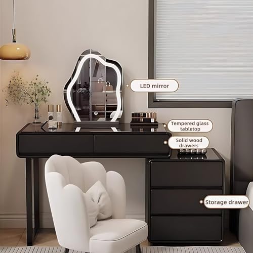 Black Makeup Vanity - Luxury Vanity Desk with Smart LED Lights Mirror & Chair, Solid Wood Frame Vanity Set Include 5 Drawers and 3C Tempered Glass Tabletop (39'')