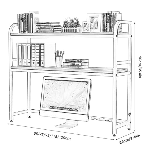 Desktop Bookshelf for Computer Desk - Adjustable Desk Bookshelf Organizer Rack, 2-Tier Multipurpose Countertop Hutch Bookcase, Industrial Open Storage Rack, Small Office Books Display Shelf(White,95X2
