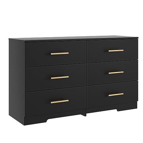Vibe & Dine White Dresser 6 Drawer, Wooden Dressers & Chests of Drawers with Gold Handles, Modern Double Dresser for Bedroom