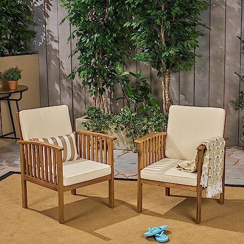 GDFStudio Acacia Outdoor Acacia Wood Club Chairs, Brown Patina and Cream (Set of 2)