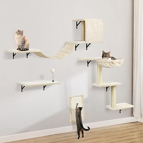 Cat Wall Furniture,Wall-Mounted Cat Climber Set with Cat Wall Shelves, Perches, Condo House, Ladder, Scratching Board & Tree - 5 Pcs Wood Indoor Cat Furniture for Play (Dark Grey)