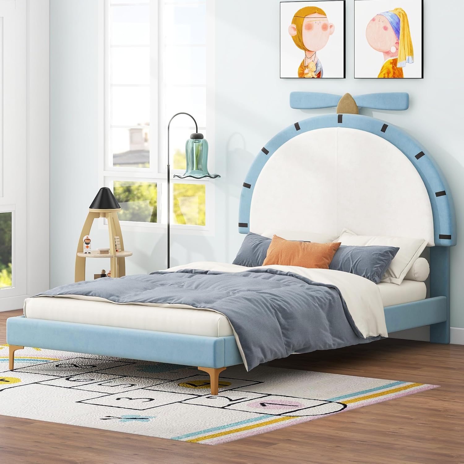 Twin Size Upholstered Platform Bed with Alarm Clock Shaped Headboard, Kids Cute Bed w/Wood Slats Support for Bedroom, No Box Spring Needed, Blue