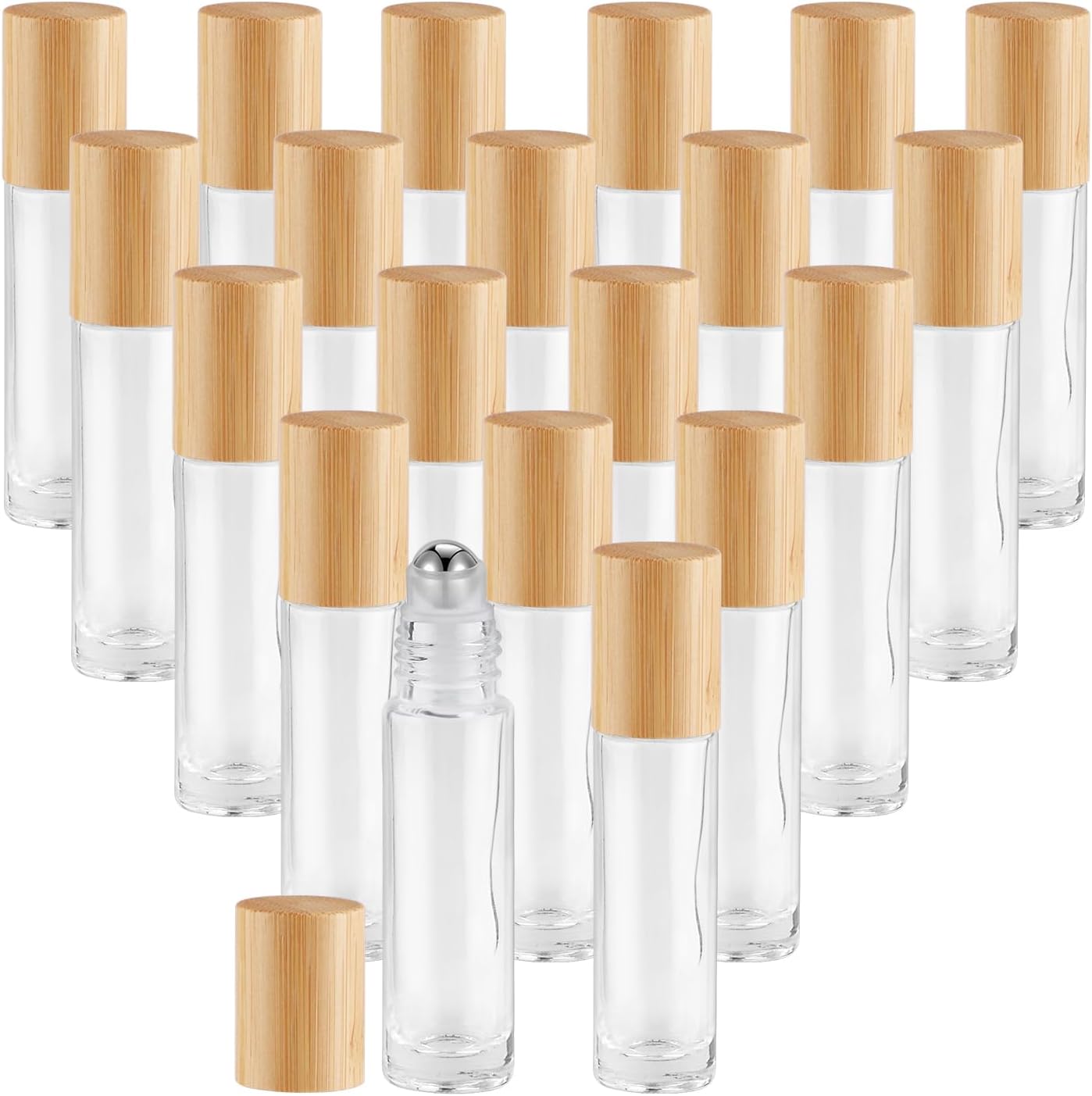 20 Pcs 10ml/0.34oz Roll On Bottles Clear Glass Essential Oil Roller Bottle Refillable Perfume Sample Bottles with Bamboo Lids & Stainless Steel Roller Ball -1 X Opener & 2 X Pipettes