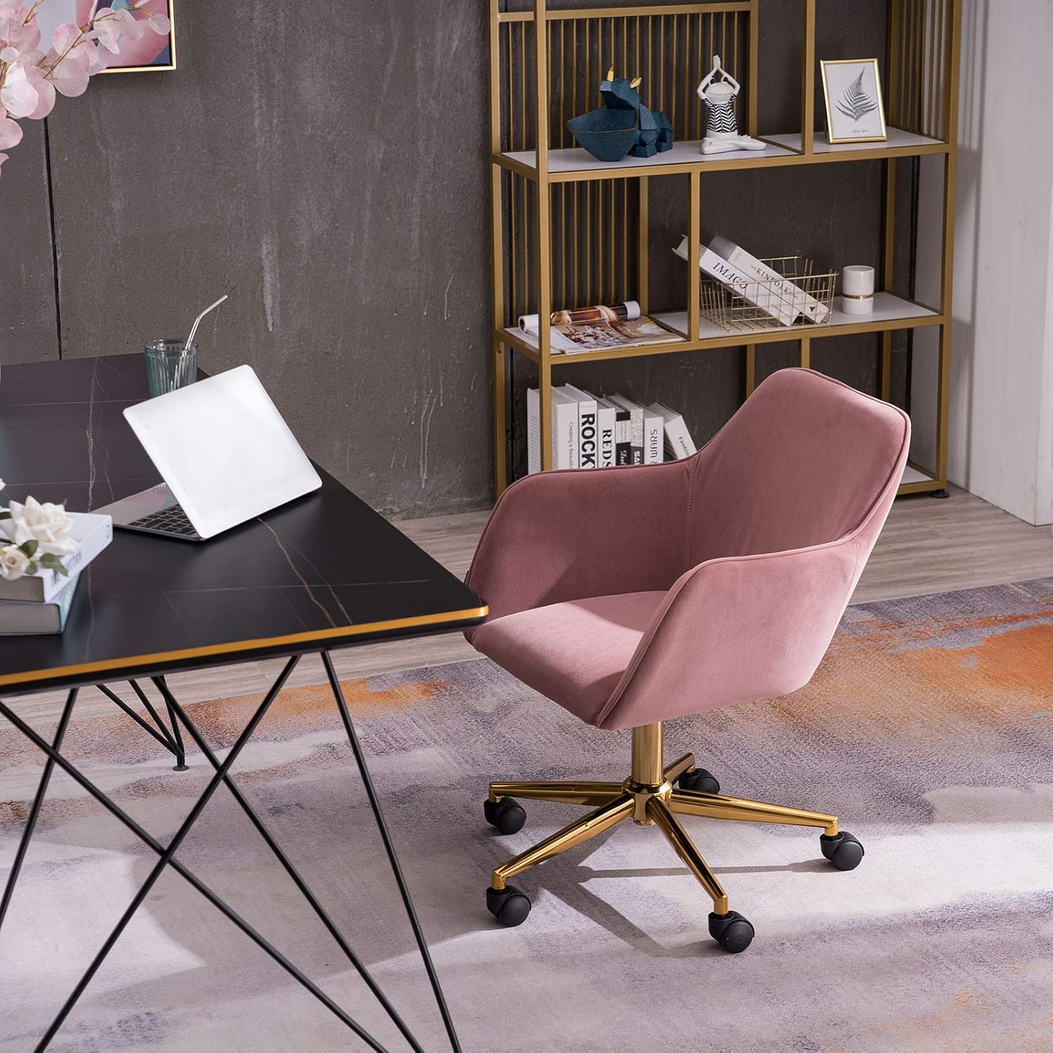 Modern Velvet Pink Material Adjustable Height 360 Revolving Home Office Chair with Gold Metal Legs and Universal Wheel for Indoor